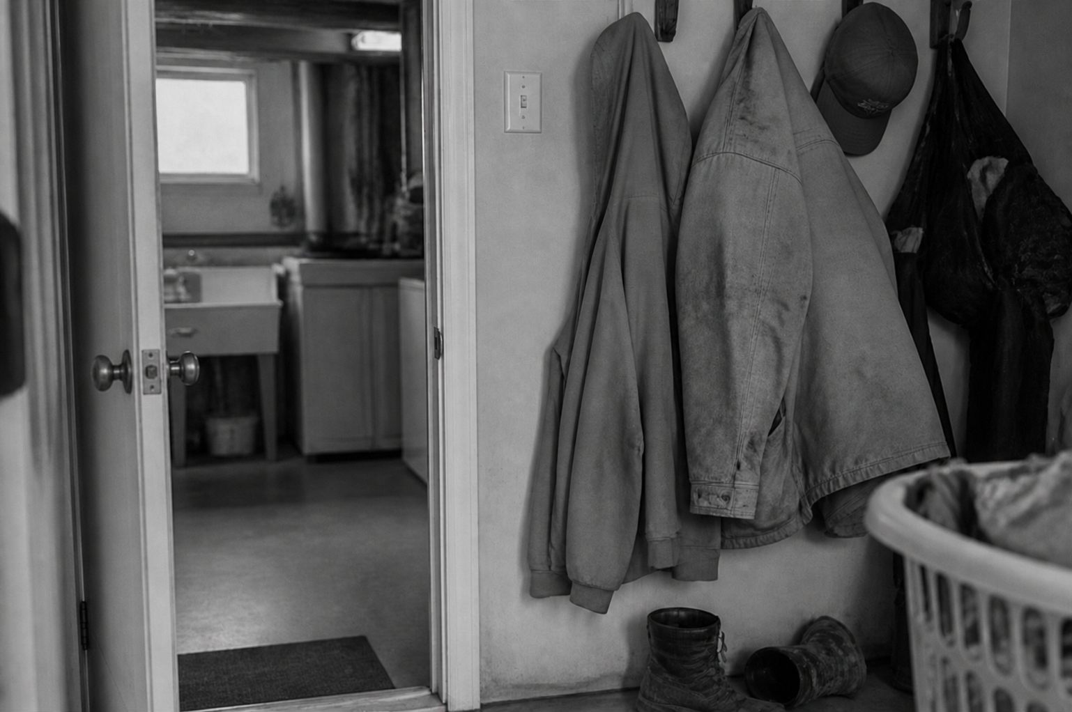 Work clothing near a household entry representing possible take-home asbestos exposure